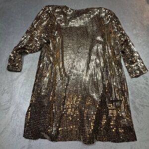 Vintage Gold Sequin Disco Duster Cardigan Metallic 80s Glam Party Jacket OS Gold